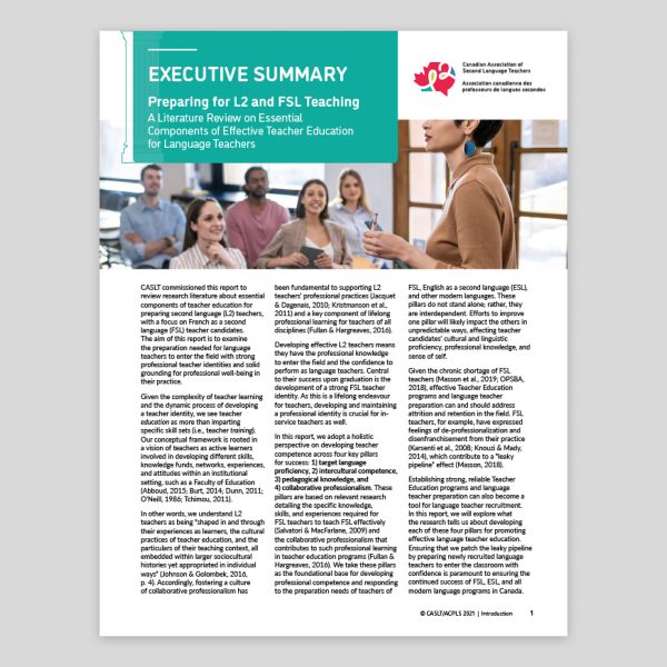 Cover Executive Summary – Preparing for L2 and FSL Teaching: A Literature Review on Essential Components of Effective Teacher Education for Language Teachers