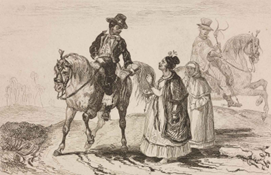 A Guaraní woman, at right and in front, speaks to a man on horseback in this engraving published in 1837.
