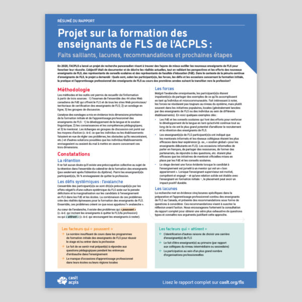 Couverture, Résumé de recherche – Projet sur la formation des enseignants de FLS de l’ACPLS : Faits saillants, lacunes, recommandations et prochaines étapes